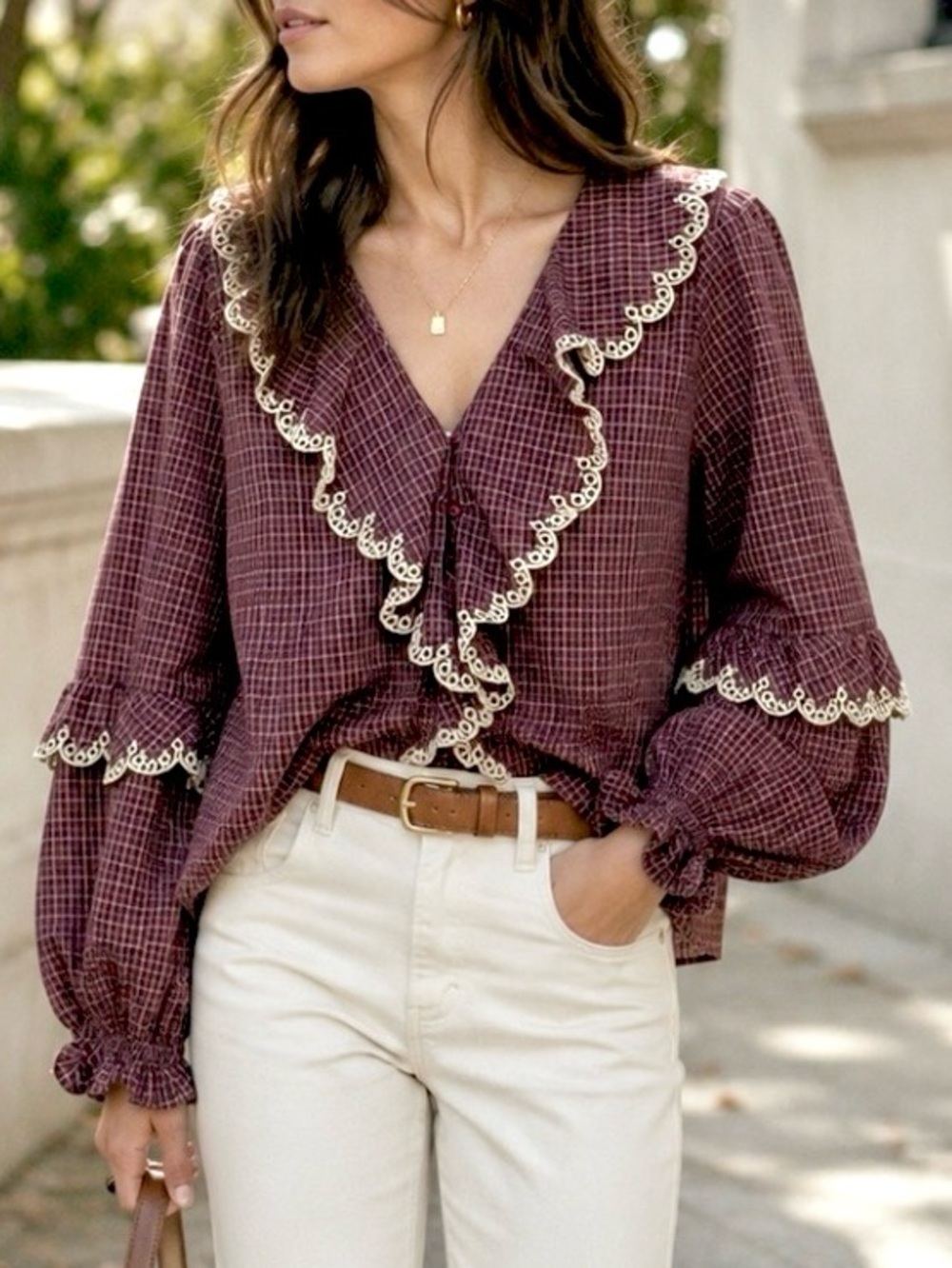 Caroline Constas Ruffled Plaid Embroidered wide long sleeve Cotton blouse M